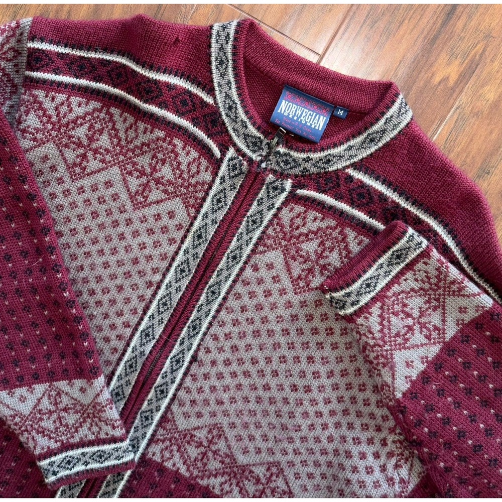 Norwegian 100% Wool Full‎ Zip Sweater Geometric Fair Isle Motif Print Medium VTG